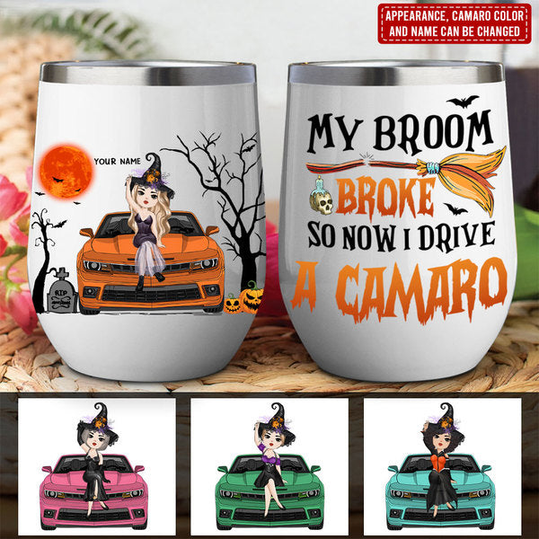 Personalized JP Wine Tumbler My Broom Broke So Now I Drive A Camaro Chibi Witch Halloween Vibes CTM 12 OZ Custom - Printyourwear