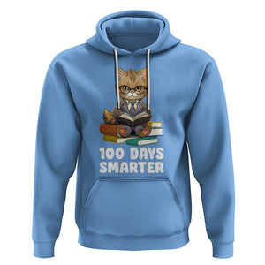 100th Day Of School Hoodie 100 Days Smarter Funny Kitty Cat Reading Book TS09 Carolina Blue Printyourwear