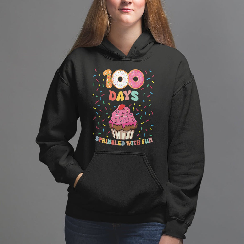 100th Day Of School Hoodie 100 Days Sprinkled With Fun Cupcake Donut TS09 Black Printyourwear