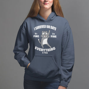 100th Day Of School Hoodie Funny Cat Everything Is Fine I Survived 100 Days TS09 Navy Printyourwear