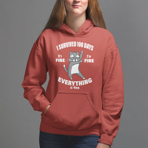 100th Day Of School Hoodie Funny Cat Everything Is Fine I Survived 100 Days TS09 Red Printyourwear