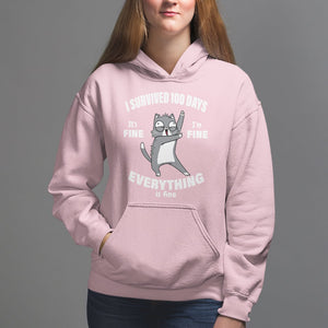 100th Day Of School Hoodie Funny Cat Everything Is Fine I Survived 100 Days TS09 Light Pink Printyourwear