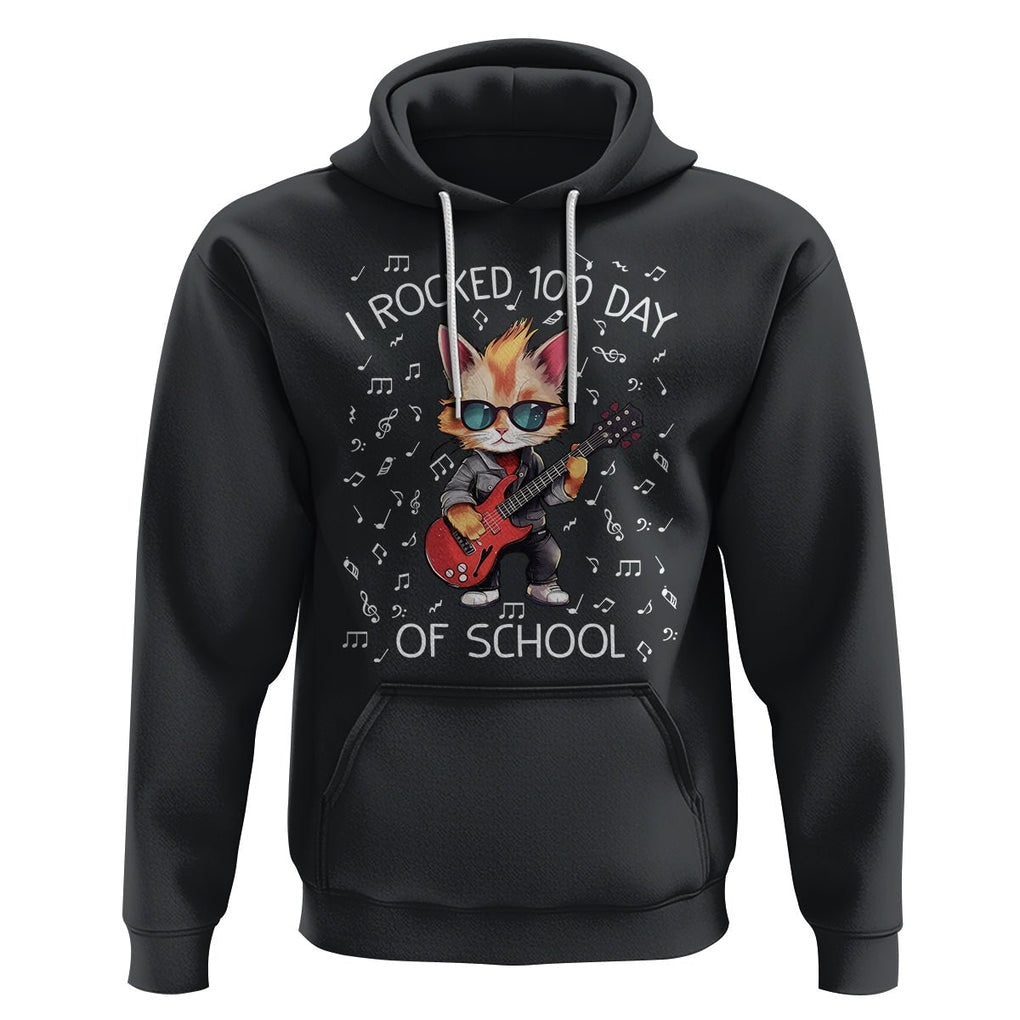 100th Day Of School Hoodie I Rocked 100 Days Funny Cat Play Guitar Rock Lover TS09 Black Printyourwear