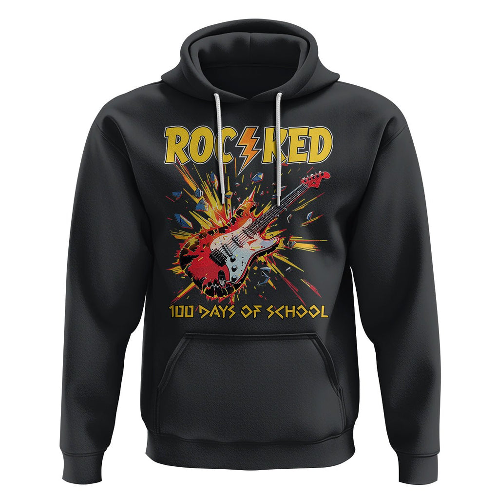 100th Day Of School Hoodie I Rocked 100 Days Funny Rock Lover Guitar TS09 Black Printyourwear