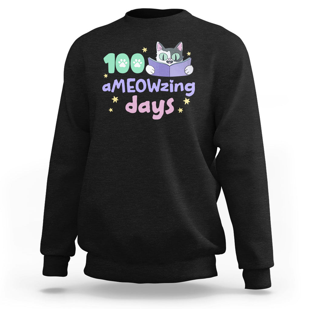 100th Day Of School Sweatshirt 100 Ameowzing Days Cute Cat Reading Book TS09 Black Printyourwear