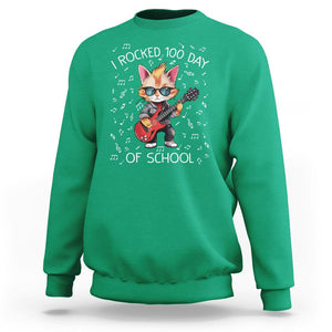 100th Day Of School Sweatshirt I Rocked 100 Days Funny Cat Play Guitar Rock Lover TS09 Irish Green Printyourwear