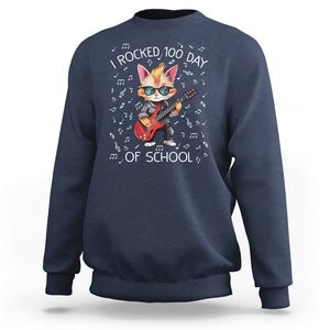 100th Day Of School Sweatshirt I Rocked 100 Days Funny Cat Play Guitar Rock Lover TS09 Navy Printyourwear