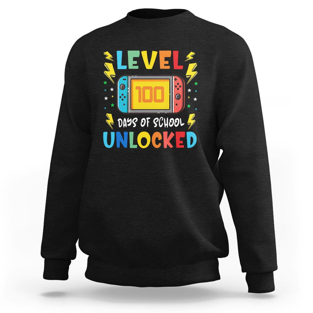 100th Day Of School Sweatshirt Level 100 Days Unlocked Video Game Funny Gamer TS09 Black Printyourwear