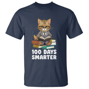100th Day Of School T Shirt 100 Days Smarter Funny Kitty Cat Reading Book TS09 Navy Printyourwear