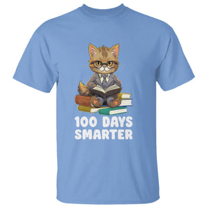 100th Day Of School T Shirt 100 Days Smarter Funny Kitty Cat Reading Book TS09 Carolina Blue Printyourwear