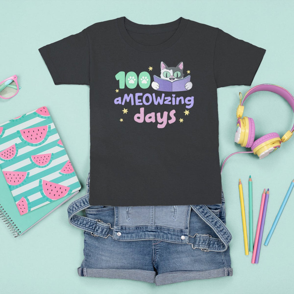 100th Day Of School T Shirt For Kid 100 Ameowzing Days Cute Cat Reading Book TS09 Black Printyourwear