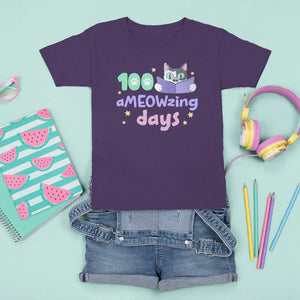 100th Day Of School T Shirt For Kid 100 Ameowzing Days Cute Cat Reading Book TS09 Purple Printyourwear