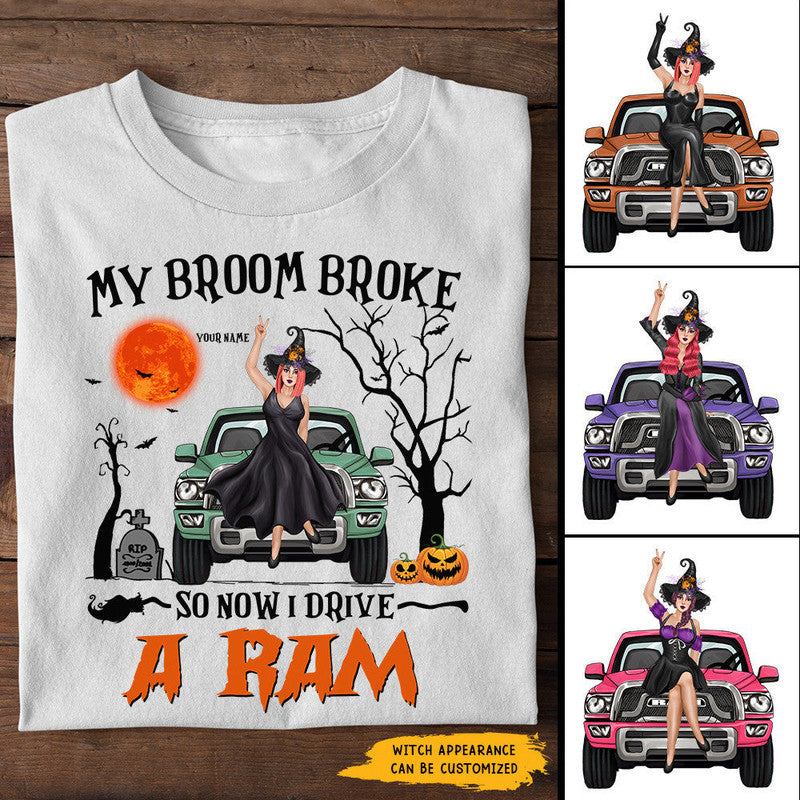 Custom Jeep Tee Shirts My Broom Broke So Now I Drive A Ram Halloween Vibes CTM Youth Custom - Printyourwear