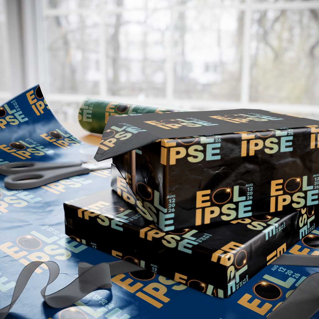 2026 Total Solar Eclipse Retro Typography Wrapping Paper Roll August 12 Totality Astronomy Gift TS02 Black Print Your Wear