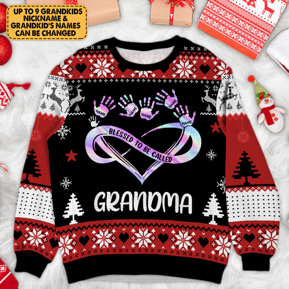 Personalized Christmas Blessed To Be Called Grandma All Over Print Sweatshirt with Infinity Heart Handprints CTM Unisex Custom - Printyourwear