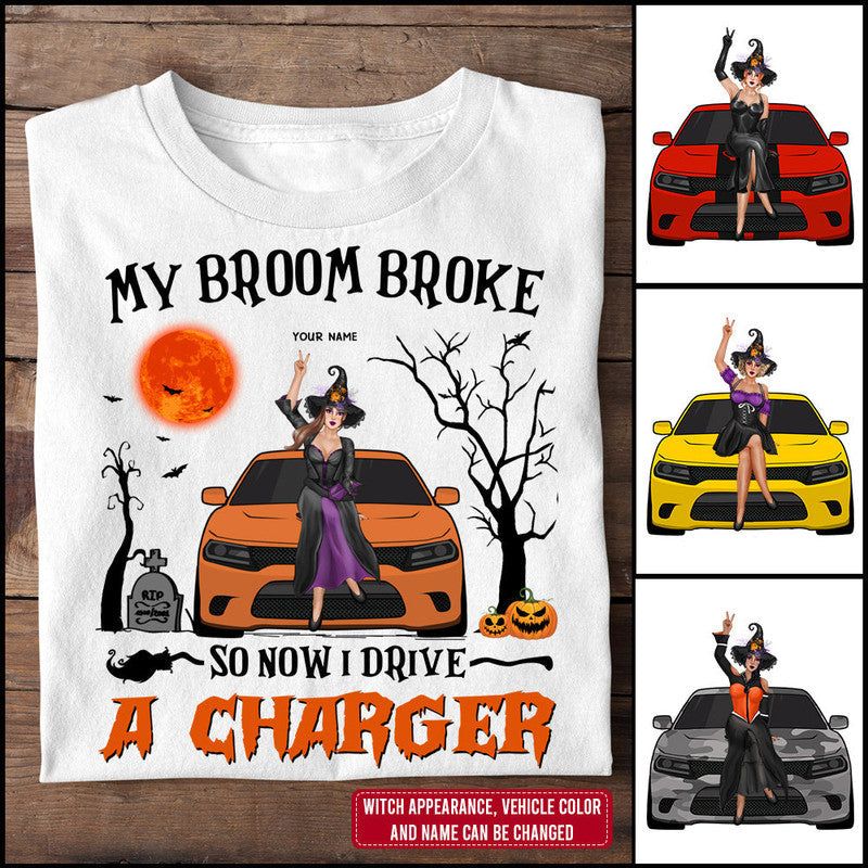 Custom Jeep Tee Shirts My Broom Broke So Now I Drive A Charger Halloween Vibes CTM Youth Custom - Printyourwear