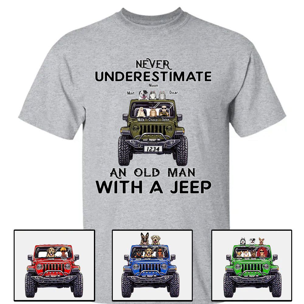 Never Underestimate an Old Man or Lady with a JP Dog & Cat – Custom Apparel – Personalized Jeep Design CTM00 Custom - Printyourwear