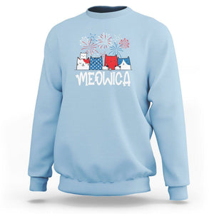 4th Of July Cat Lover Sweatshirt Meowica Patriotic American Flag Fireworks TS09 Light Blue Print Your Wear