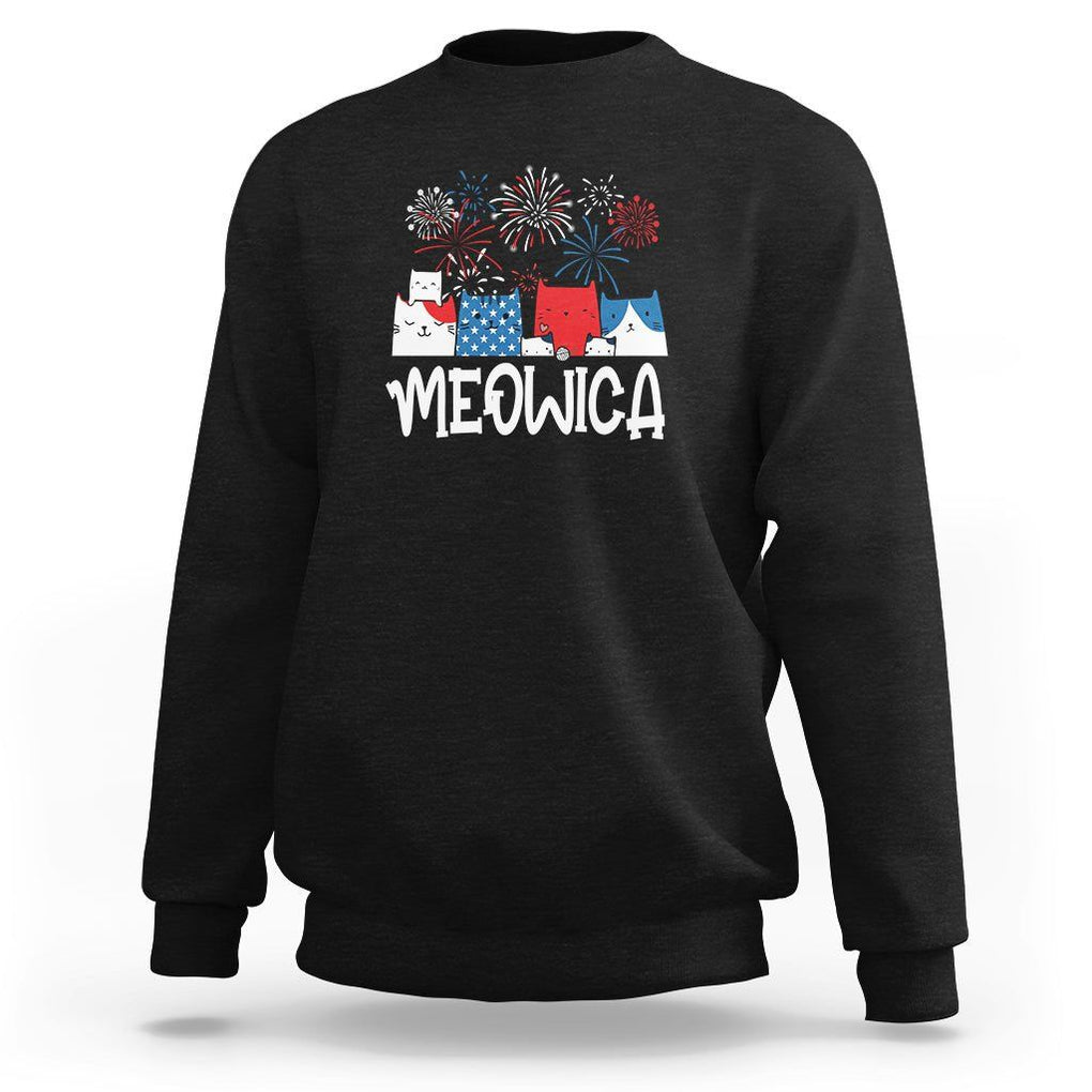 4th Of July Cat Lover Sweatshirt Meowica Patriotic American Flag Fireworks TS09 Black Print Your Wear