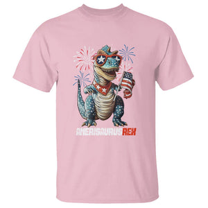 4th Of July Dinosaur T Shirt Amerisaurus Fireworks Patriotic Independence Day TS09 Light Pink Print Your Wear