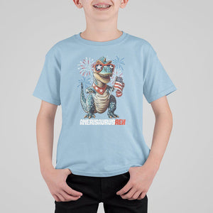 4th Of July Dinosaur T Shirt For Kid Amerisaurus Fireworks Patriotic Independence Day TS09 Light Blue Print Your Wear