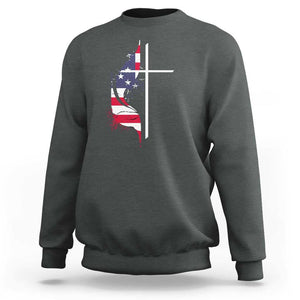 4th Of July Sweatshirt Christian Faith USA Flag Cross TS11 Dark Heather Print Your Wear