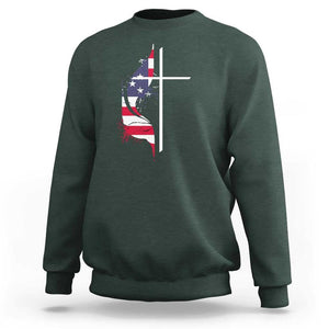 4th Of July Sweatshirt Christian Faith USA Flag Cross TS11 Dark Forest Green Print Your Wear