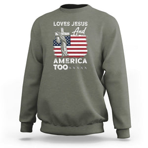 Patriotic Christian Sweatshirt Loves Jesus and America Too 4th Of July TS09 Military Green Print Your Wear