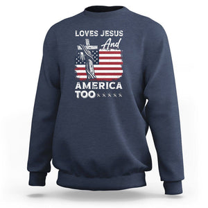 Patriotic Christian Sweatshirt Loves Jesus and America Too 4th Of July TS09 Navy Print Your Wear