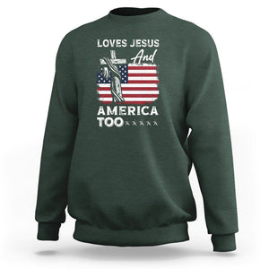 Patriotic Christian Sweatshirt Loves Jesus and America Too 4th Of July TS09 Dark Forest Green Print Your Wear