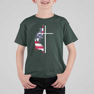 4th Of July T Shirt For Kid Christian Faith USA Flag Cross TS11 Dark Forest Green Print Your Wear