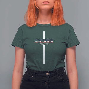 4th Of July T Shirt For Women America From 1776 Christian Religious Faith Cross TS11 Dark Forest Green Print Your Wear