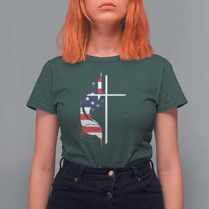 4th Of July T Shirt For Women Christian Faith USA Flag Cross TS11 Dark Forest Green Print Your Wear