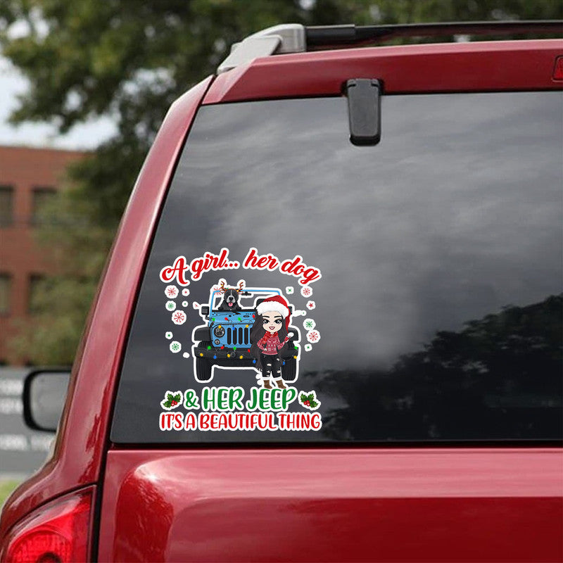 Personalized Jeep Decal A Girl Her Dogs and Her Jeep Its A Beautiful Thing Christmas Vibes CTM package 13x13cm Custom - Printyourwear