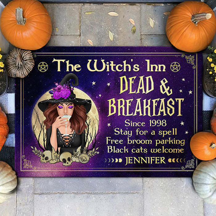 Personalized Halloween Doormat The Witchs Inn Dead and Breakfast, Stay For A Spell Free Broom Parking CTM Custom - Printyourwear