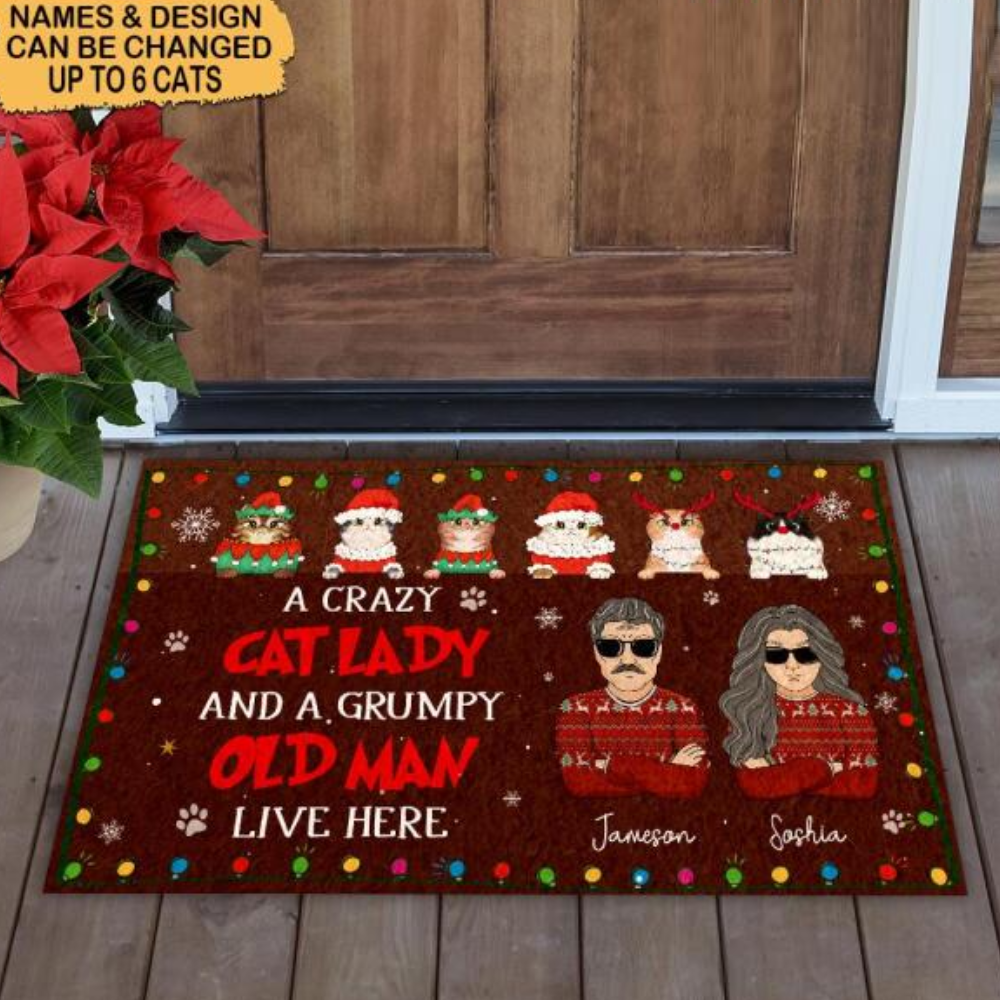 Personalized Christmas A Crazy Cat Lady and A Grumpy Old Man Live Here Doormat Christmas Gift For Cat Lover CTM Custom - Printyourwear