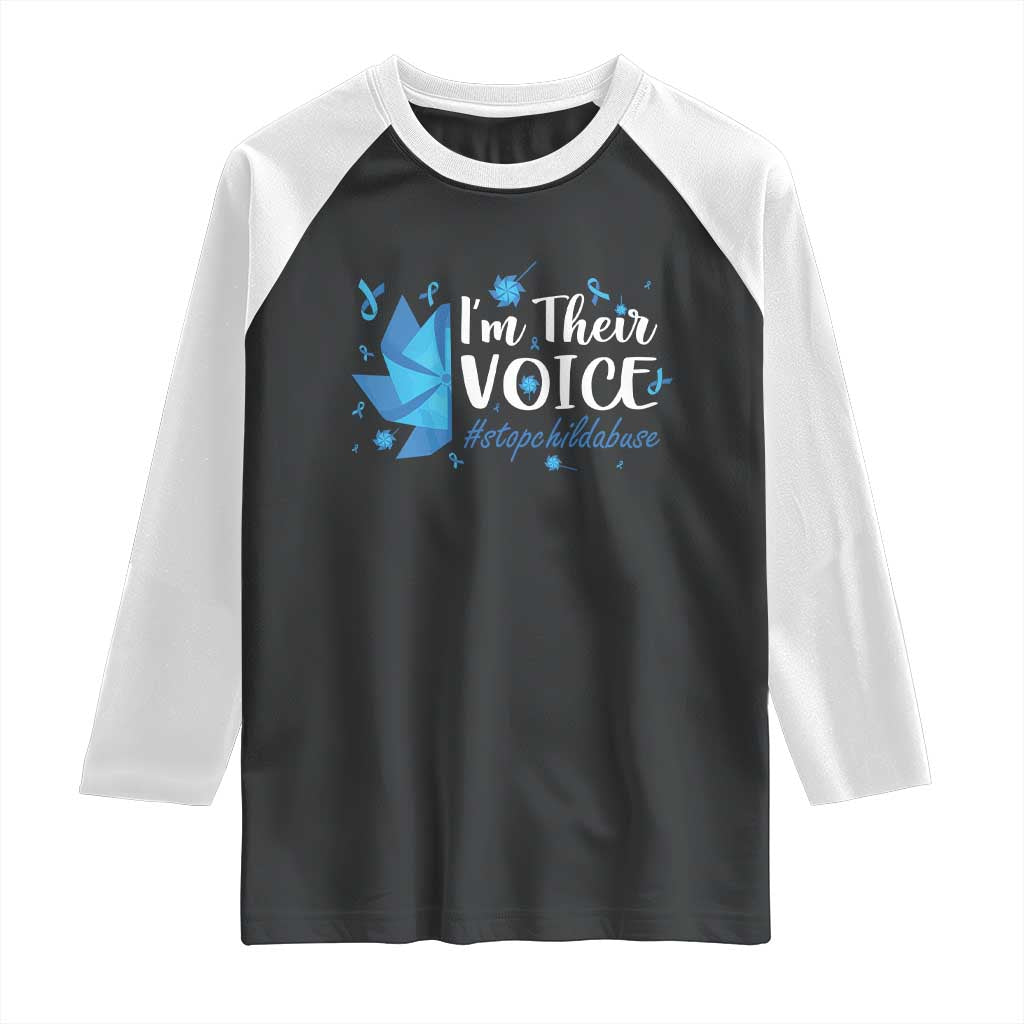 Child Abuse Prevention Awareness I'm Their Voice Raglan Shirt Blue Pinwheels TS11 Black White Print Your Wear
