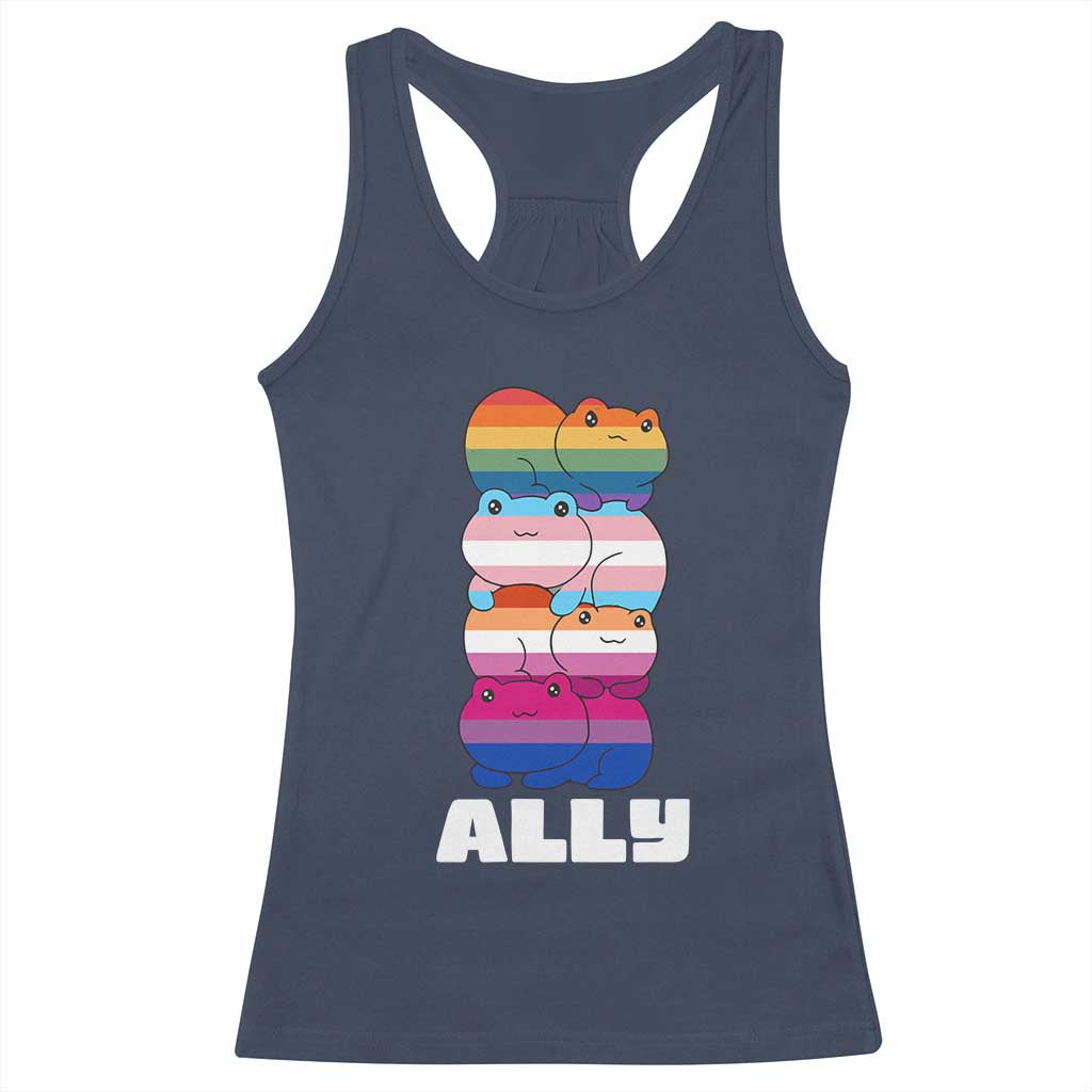 Colorful LGBTQ+ Ally Frogs Stack Racerback Tank Top Kawaii Gay Pride Support TS02 Navy Print Your Wear