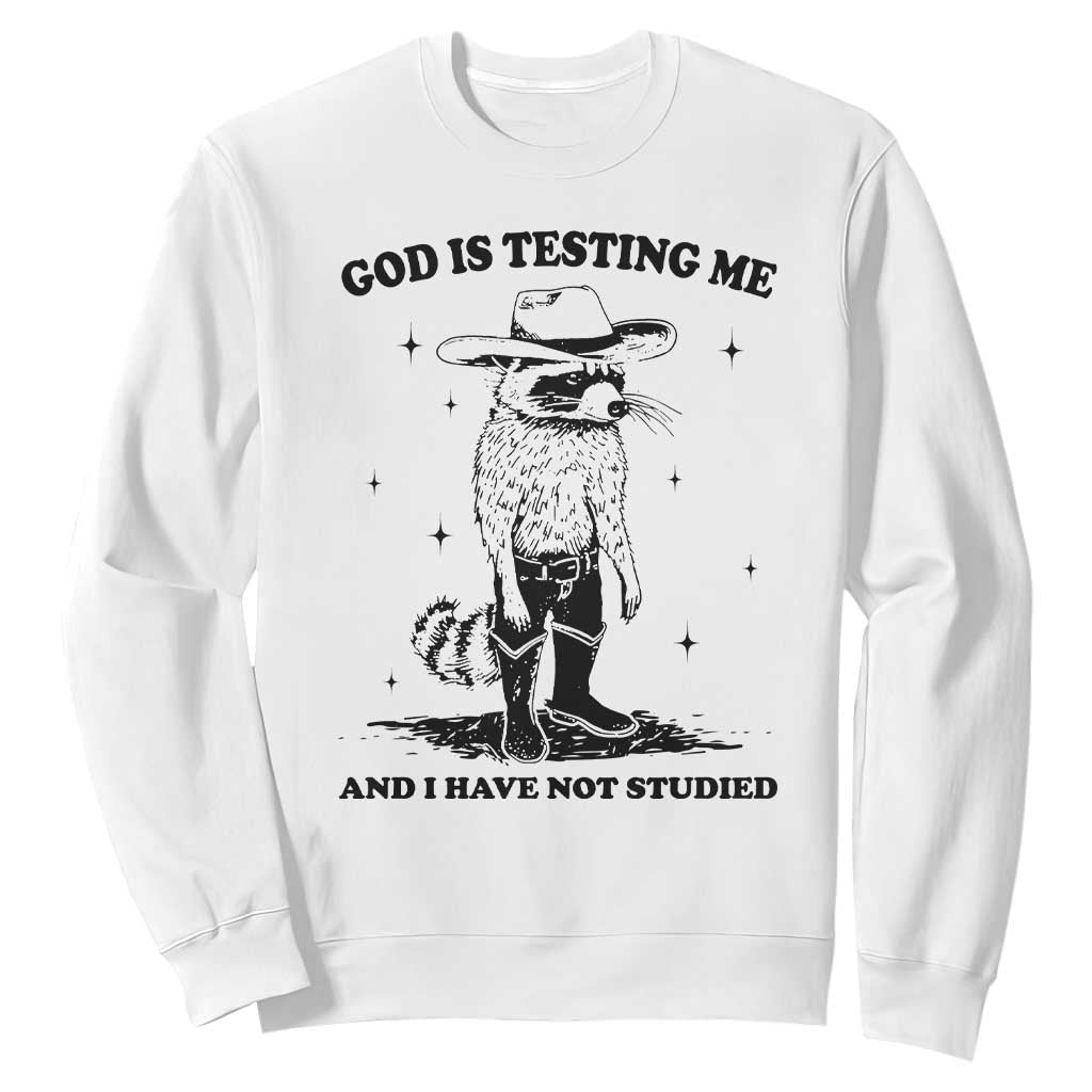 Funny God Is Testing Me And I Have Not Studied Sweatshirt Cowboy Racoon TS11 White Print Your Wear