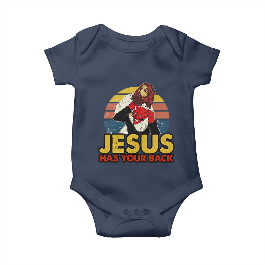 Funny Jesus Satan Meme Baby Onesie Has Your Back Jiu Jitsu Retro Religious Christian TS02 Navy Print Your Wear