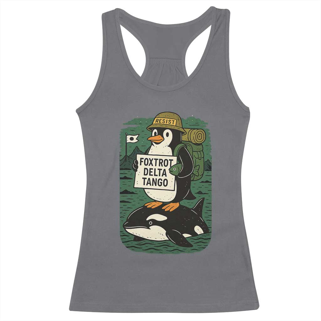 Funny Penguin Resist Racerback Tank Top No Tarriffs Activism Graphic TS02 Charcoal Print Your Wear