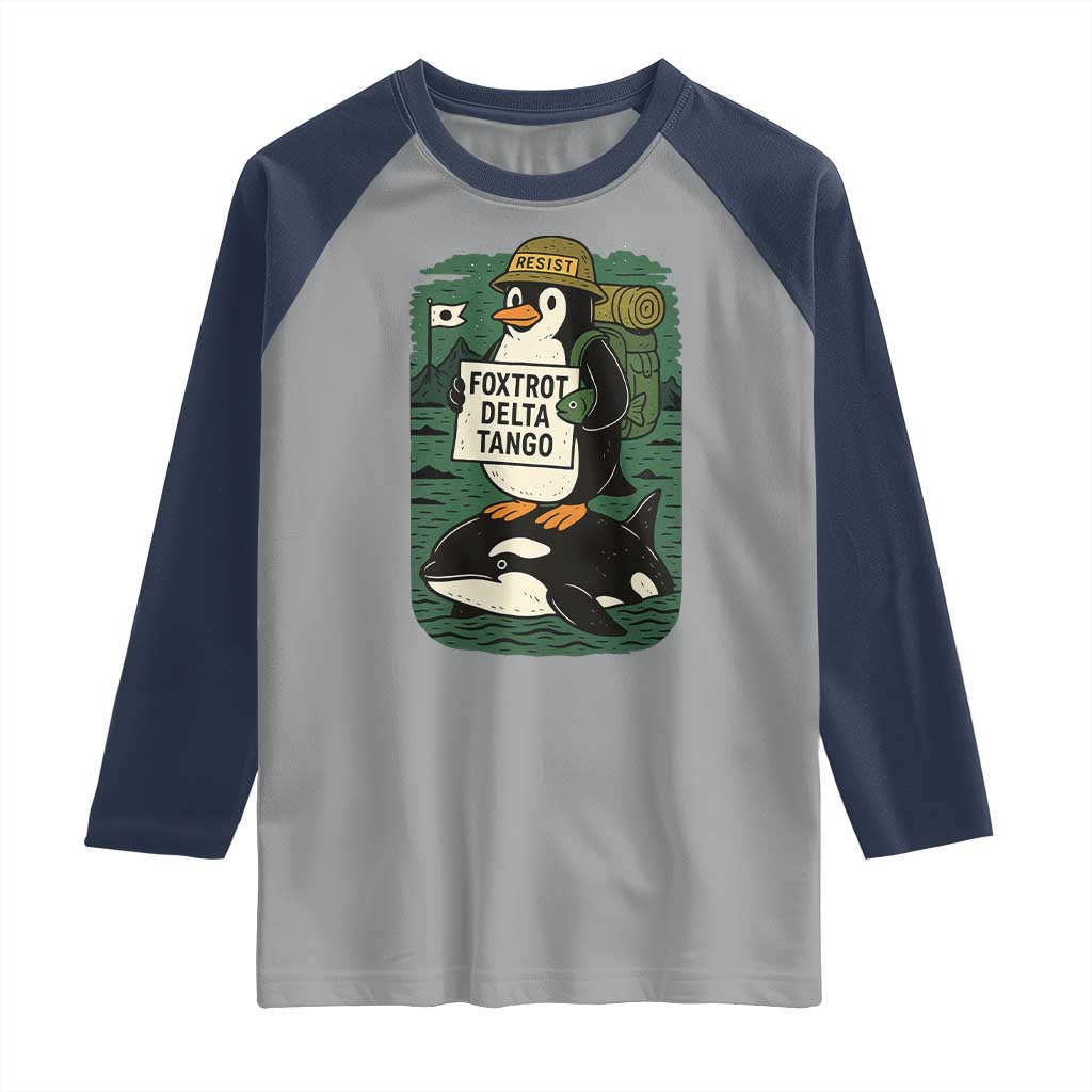 Funny Penguin Resist Raglan Shirt No Tarriffs Activism Graphic TS02 Sport Gray Navy Print Your Wear
