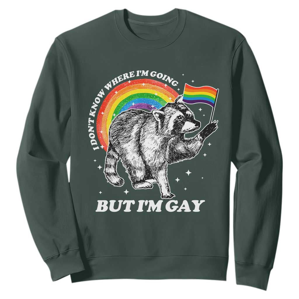 Funny Pride LGBT Racoon Sweatshirt I Don't Know Where I'm Going But I'm Gay Rainbow TS11 Dark Forest Green Print Your Wear