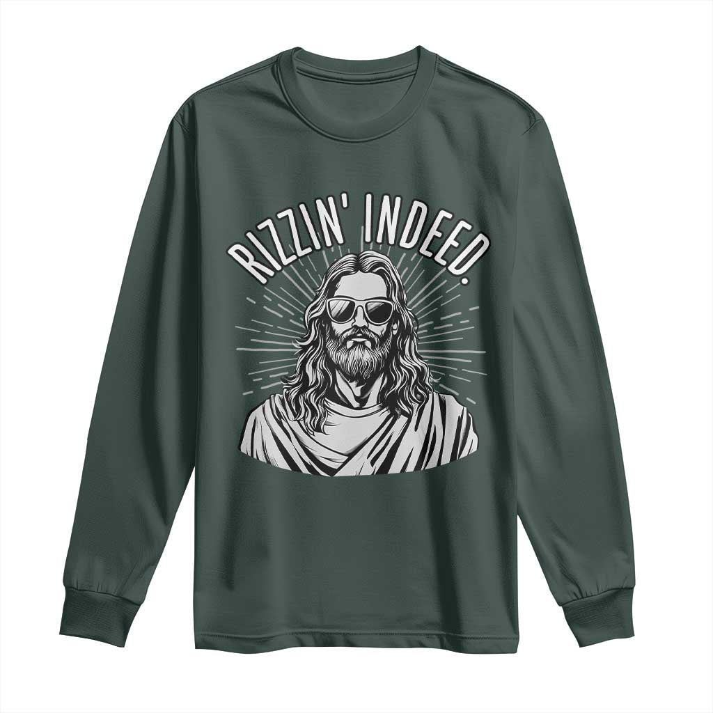 Funny Religious Christian Jesus Meme Long Sleeve Shirt Rizzin Indeed TS11 Dark Forest Green Print Your Wear