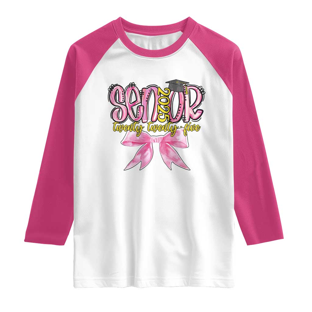 Funny Senior EST 2025 Graduation Raglan Shirt Twenty Twenty Five Pink Bow TS11 White Heliconia Print Your Wear