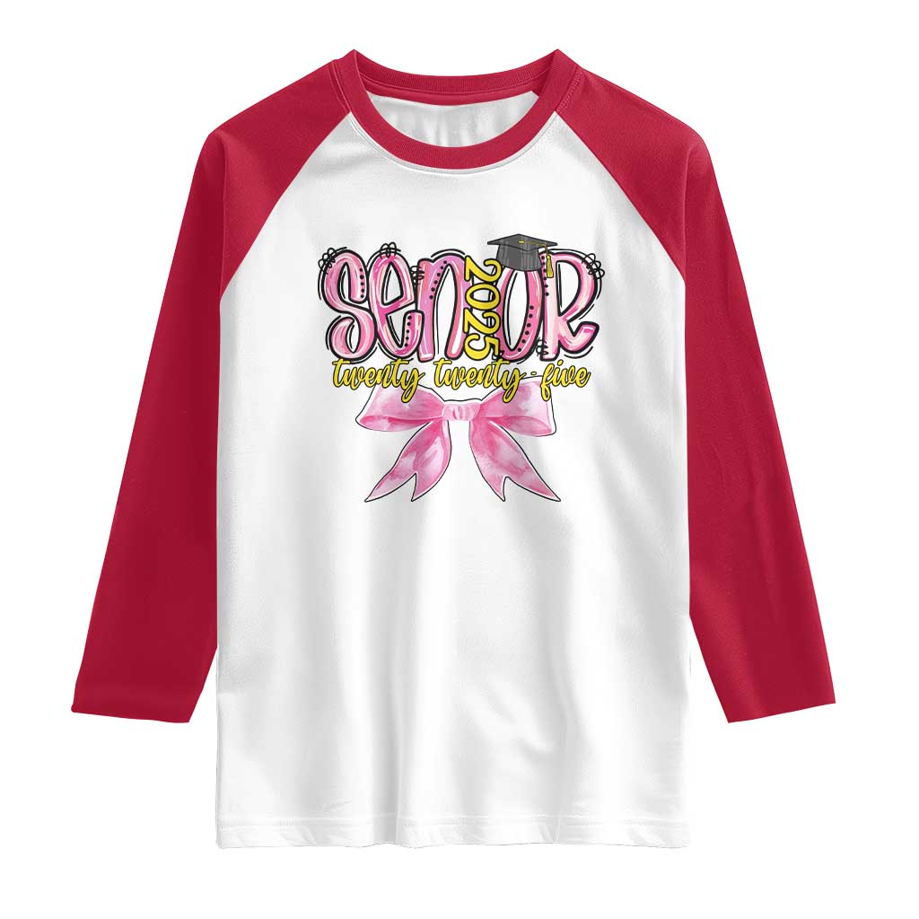 Funny Senior EST 2025 Graduation Raglan Shirt Twenty Twenty Five Pink Bow TS11 White Red Print Your Wear