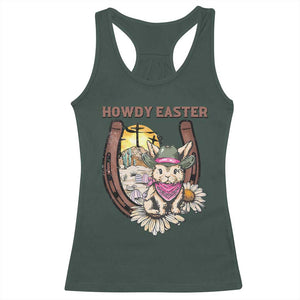 Funny Western Easter Day Racerback Tank Top Howdy Easter Country Cowboy Bunny Horseshoe TS11 Dark Forest Green Print Your Wear
