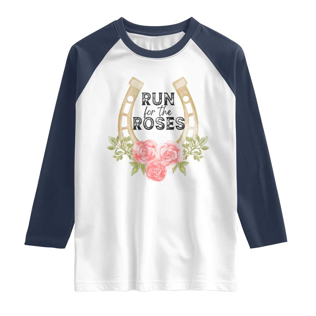Ky Derby Horse Racing Raglan Shirt Horses and Roses TS02 White Navy Print Your Wear