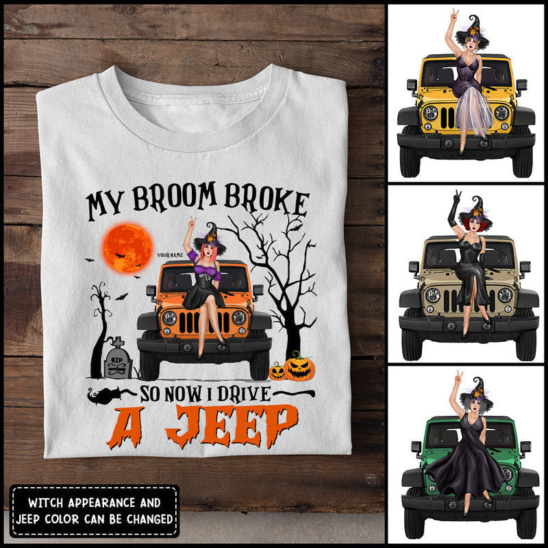 Custom Jeep Tee Shirts My Broom Broke So Now I Drive A Jeep Halloween Vibes CTM Youth Custom - Printyourwear