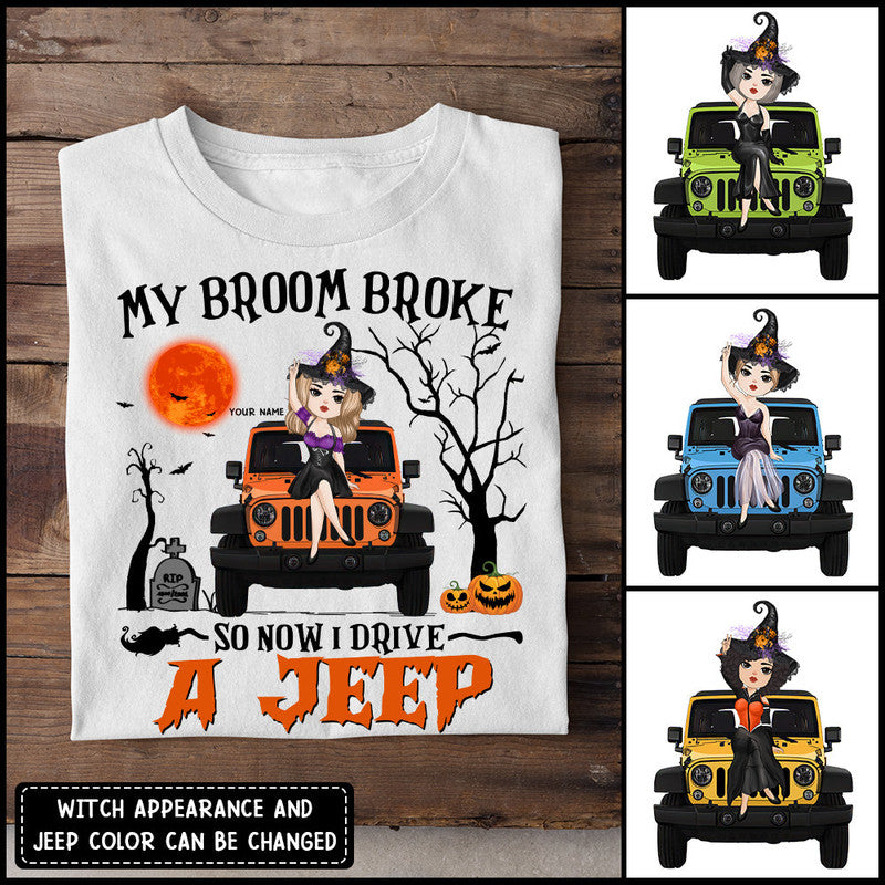 Custom Jeep Tee Shirts My Broom Broke So Now I Drive A Jeep Chibi Witch Halloween Vibes CTM Youth Custom - Printyourwear